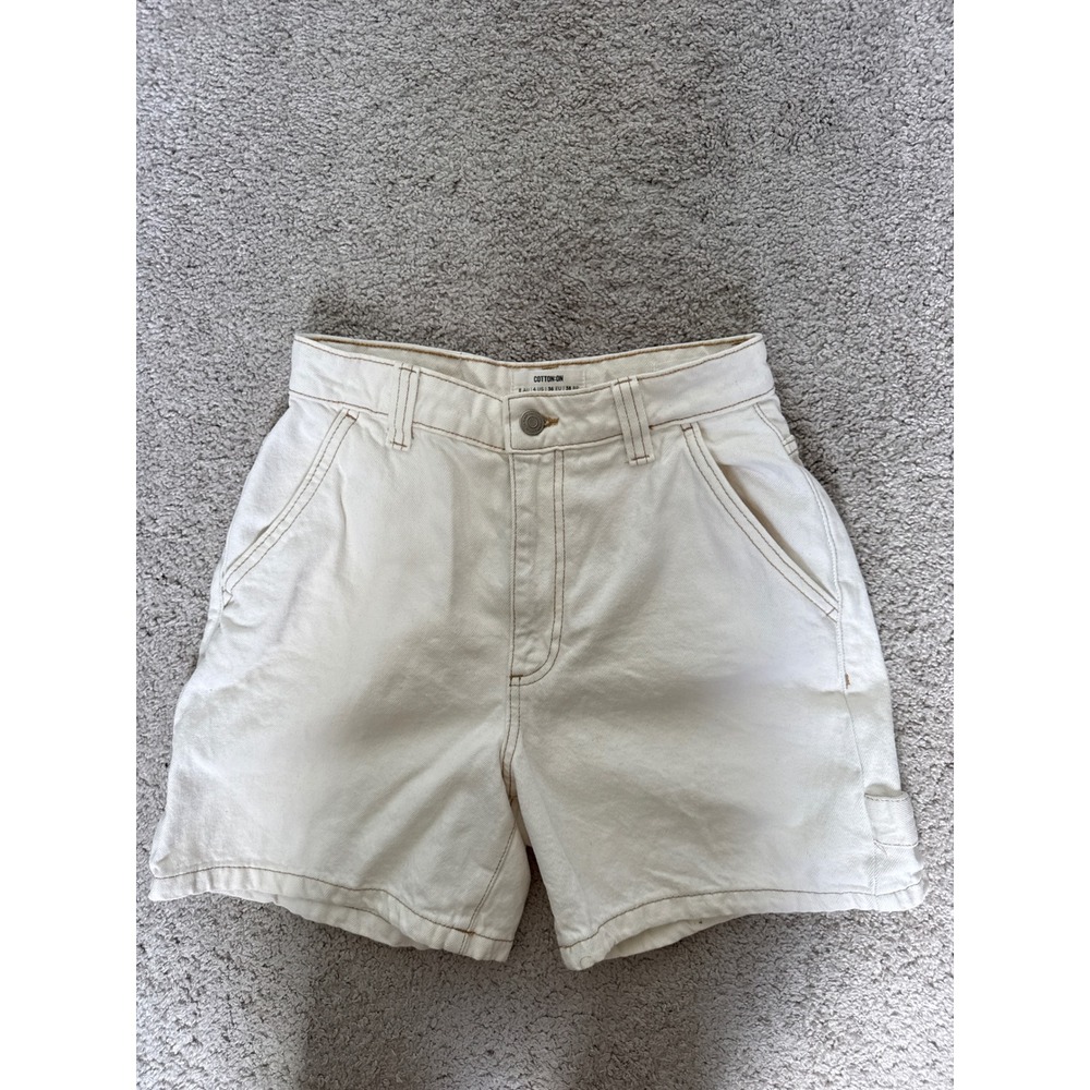 Cotton On Women Cream Carpenter Denim Shorts High Waisted Utility Size 4 US